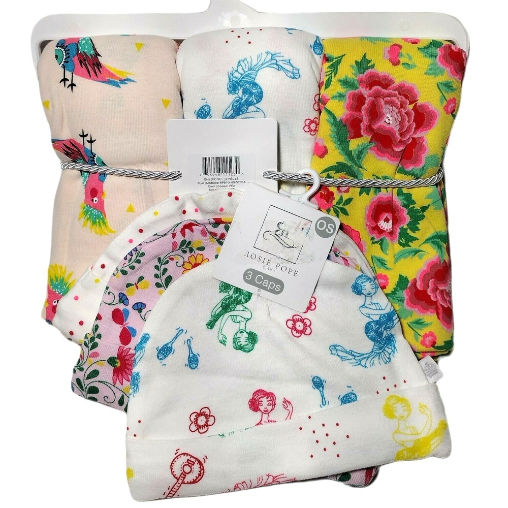 ROSIE‎ POPE Swaddle Blanket Beanie Hat Set Jersey Knit Cotton Floral Guitar Bird